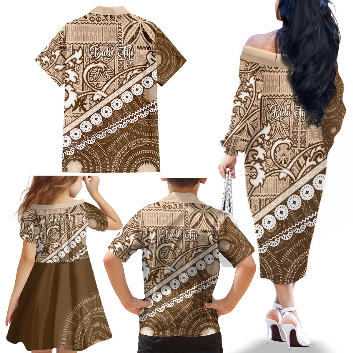 Beige Bula Fiji Family Matching Off The Shoulder Long Sleeve Dress and Hawaiian Shirt Fijian Language Week Tapa Cloth - Pastel LT14 - Polynesian Pride