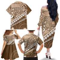 Beige Bula Fiji Family Matching Off The Shoulder Long Sleeve Dress and Hawaiian Shirt Fijian Language Week Tapa Cloth - Pastel LT14 - Polynesian Pride