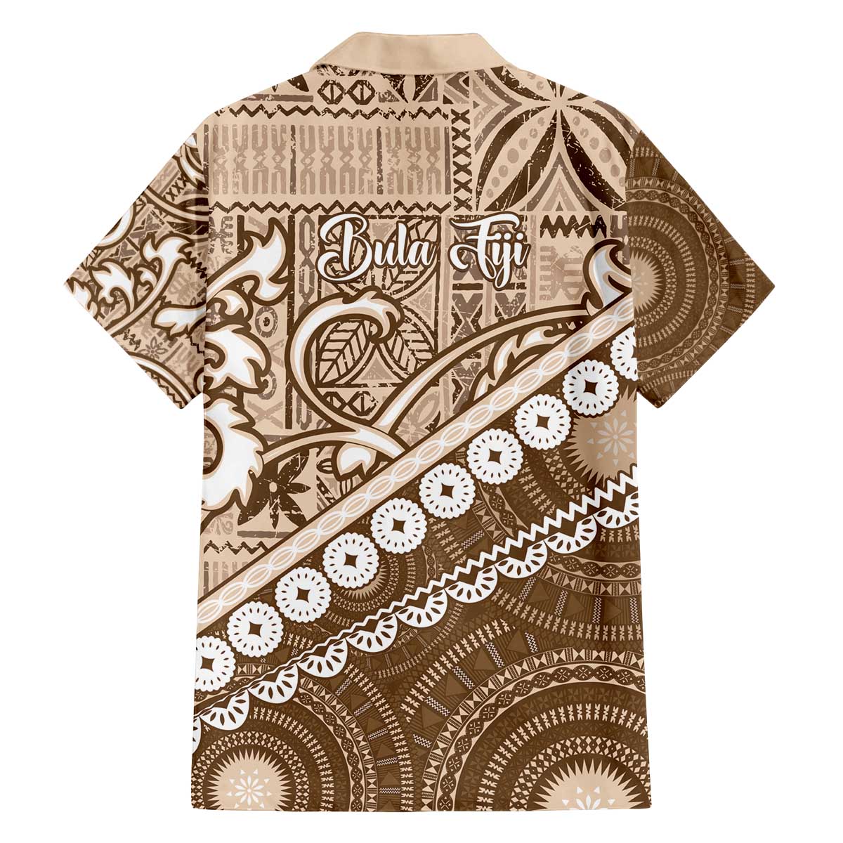 Beige Bula Fiji Family Matching Off The Shoulder Long Sleeve Dress and Hawaiian Shirt Fijian Language Week Tapa Cloth - Pastel LT14 - Polynesian Pride