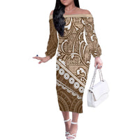 Beige Bula Fiji Family Matching Off The Shoulder Long Sleeve Dress and Hawaiian Shirt Fijian Language Week Tapa Cloth - Pastel LT14 Mom's Dress Beige - Polynesian Pride
