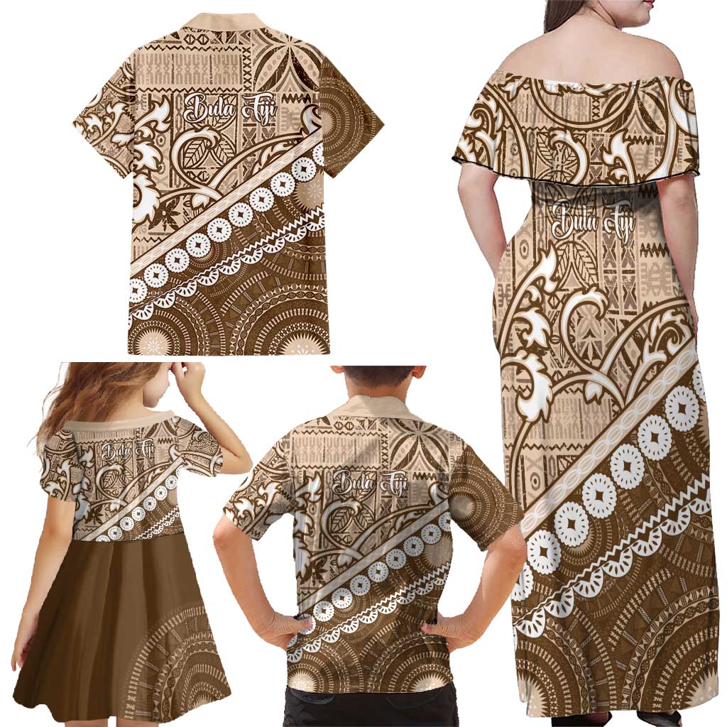 Beige Bula Fiji Family Matching Off Shoulder Maxi Dress and Hawaiian Shirt Fijian Language Week Tapa Cloth - Pastel LT14 - Polynesian Pride