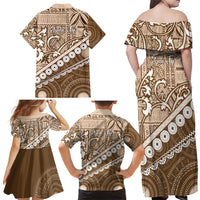 Beige Bula Fiji Family Matching Off Shoulder Maxi Dress and Hawaiian Shirt Fijian Language Week Tapa Cloth - Pastel LT14 - Polynesian Pride