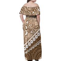 Beige Bula Fiji Family Matching Off Shoulder Maxi Dress and Hawaiian Shirt Fijian Language Week Tapa Cloth - Pastel LT14 - Polynesian Pride