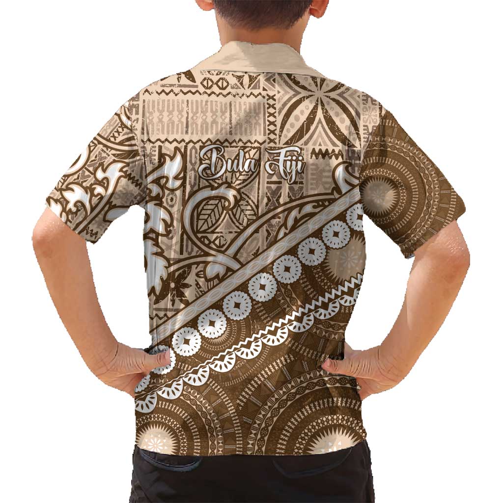 Beige Bula Fiji Family Matching Off Shoulder Short Dress and Hawaiian Shirt Fijian Language Week Tapa Cloth - Pastel LT14 - Polynesian Pride
