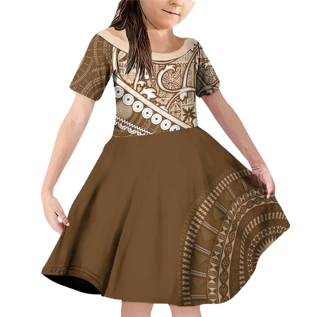 Beige Bula Fiji Family Matching Off Shoulder Short Dress and Hawaiian Shirt Fijian Language Week Tapa Cloth - Pastel LT14 Daughter's Dress Beige - Polynesian Pride