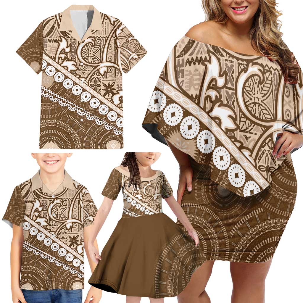 Beige Bula Fiji Family Matching Off Shoulder Short Dress and Hawaiian Shirt Fijian Language Week Tapa Cloth - Pastel LT14 - Polynesian Pride