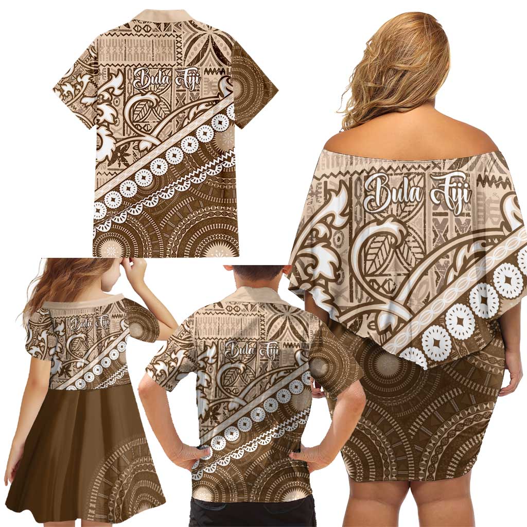 Beige Bula Fiji Family Matching Off Shoulder Short Dress and Hawaiian Shirt Fijian Language Week Tapa Cloth - Pastel LT14 - Polynesian Pride