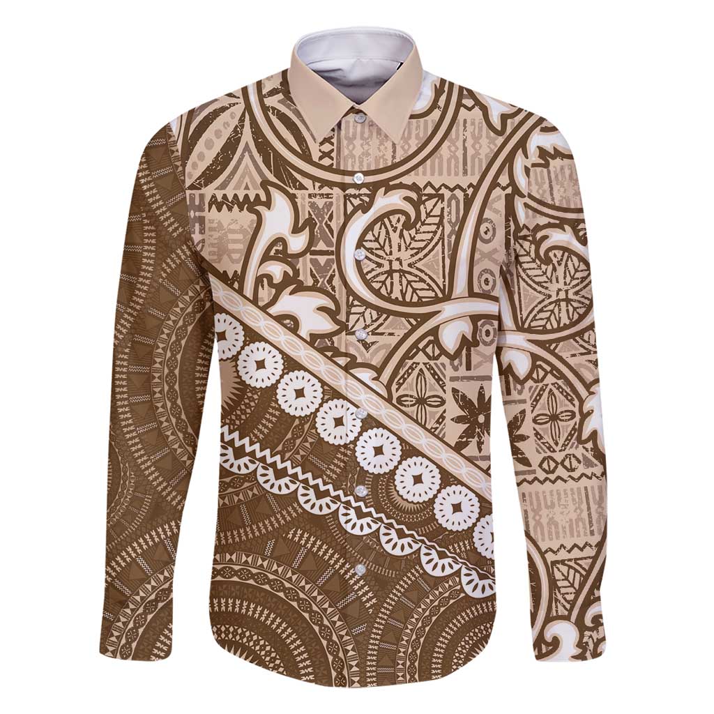 Beige Bula Fiji Family Matching Off Shoulder Short Dress and Hawaiian Shirt Fijian Language Week Tapa Cloth - Pastel LT14 Dad's Shirt - Long Sleeve Beige - Polynesian Pride