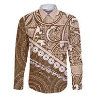 Beige Bula Fiji Family Matching Off Shoulder Short Dress and Hawaiian Shirt Fijian Language Week Tapa Cloth - Pastel LT14 Dad's Shirt - Long Sleeve Beige - Polynesian Pride