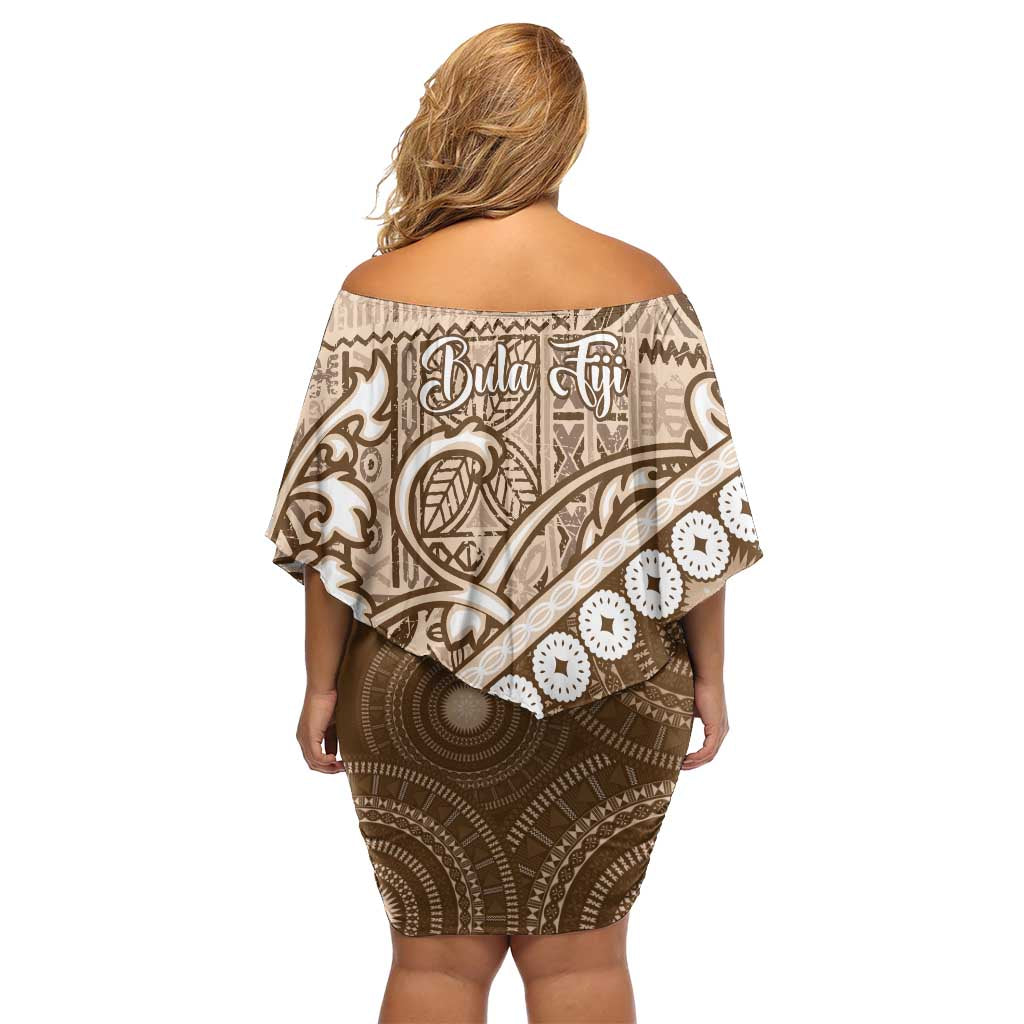 Beige Bula Fiji Family Matching Off Shoulder Short Dress and Hawaiian Shirt Fijian Language Week Tapa Cloth - Pastel LT14 - Polynesian Pride