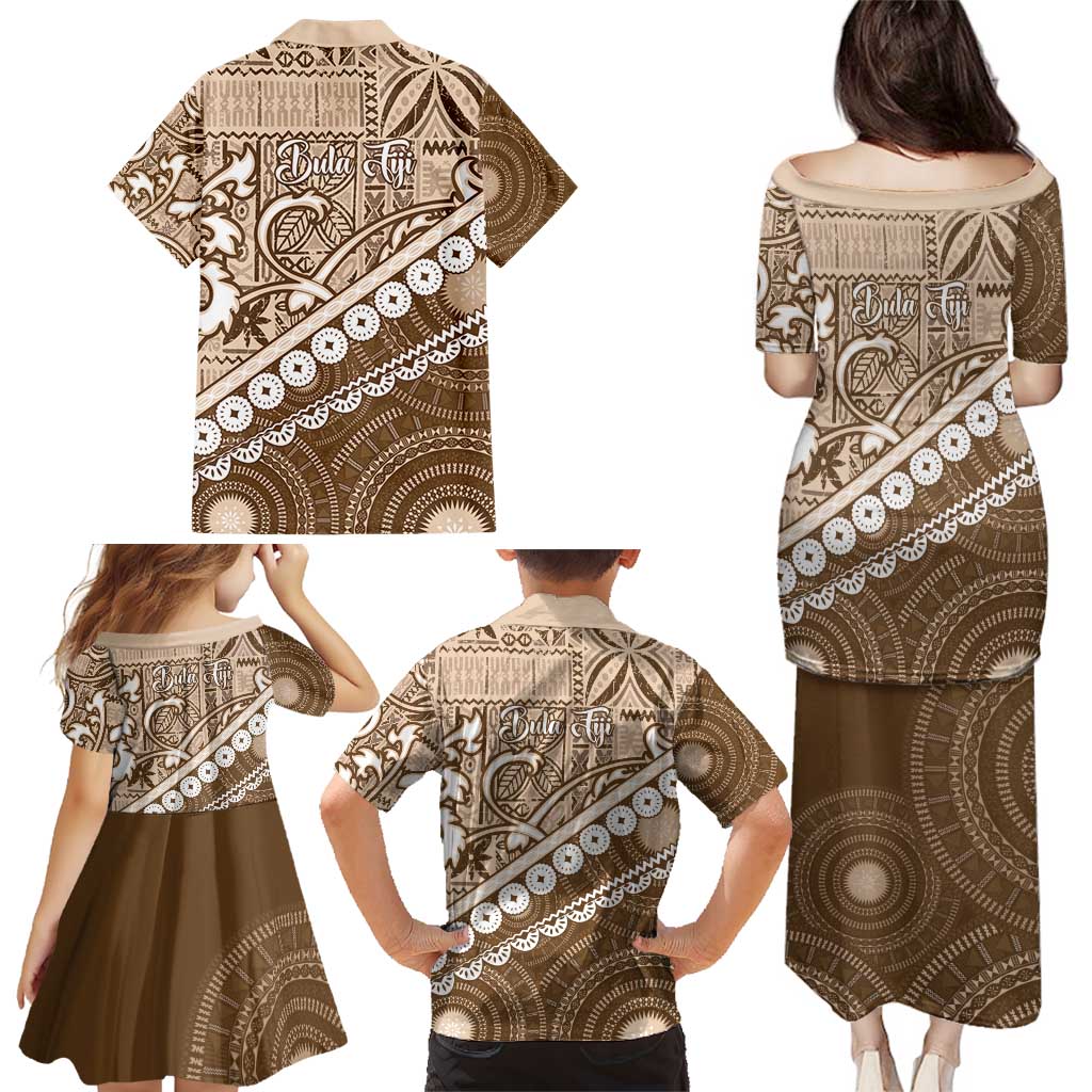 Beige Bula Fiji Family Matching Puletasi and Hawaiian Shirt Fijian Language Week Tapa Cloth - Pastel LT14 - Polynesian Pride