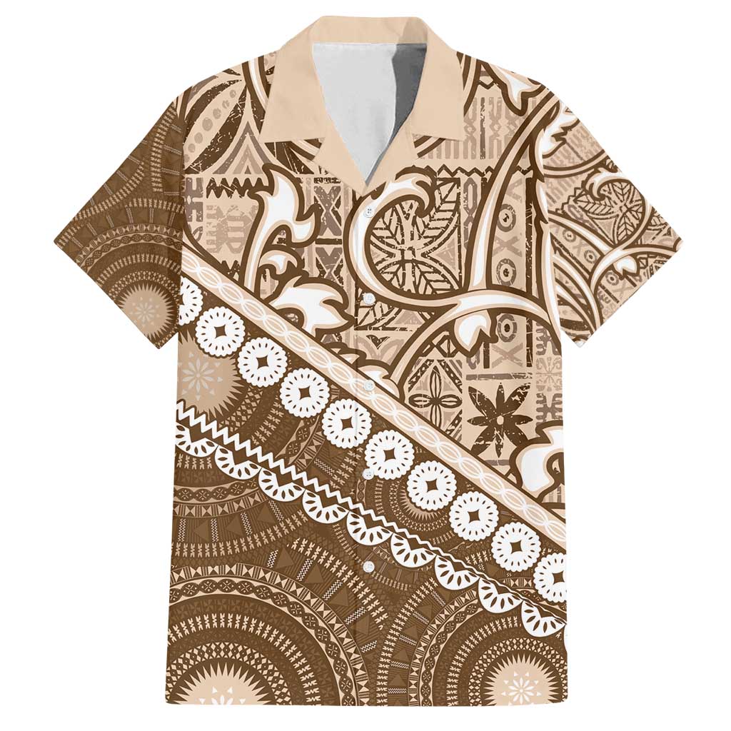 Beige Bula Fiji Family Matching Puletasi and Hawaiian Shirt Fijian Language Week Tapa Cloth - Pastel LT14 Dad's Shirt - Short Sleeve Beige - Polynesian Pride