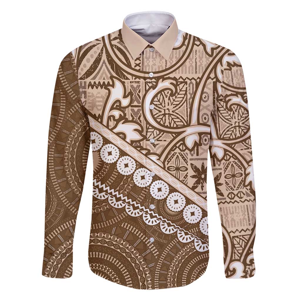 Beige Bula Fiji Family Matching Puletasi and Hawaiian Shirt Fijian Language Week Tapa Cloth - Pastel LT14 Dad's Shirt - Long Sleeve Beige - Polynesian Pride