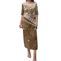 Beige Bula Fiji Family Matching Puletasi and Hawaiian Shirt Fijian Language Week Tapa Cloth - Pastel LT14 Mom's Dress Beige - Polynesian Pride