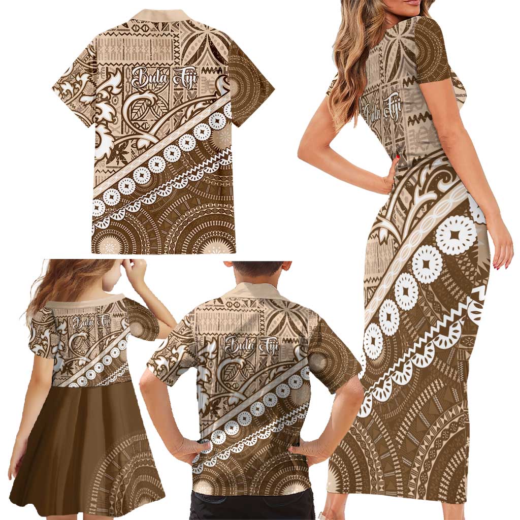 Beige Bula Fiji Family Matching Short Sleeve Bodycon Dress and Hawaiian Shirt Fijian Language Week Tapa Cloth - Pastel LT14 - Polynesian Pride