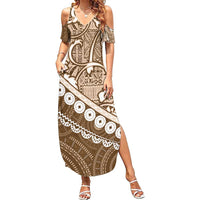 Beige Bula Fiji Family Matching Summer Maxi Dress and Hawaiian Shirt Fijian Language Week Tapa Cloth - Pastel LT14 Mom's Dress Beige - Polynesian Pride