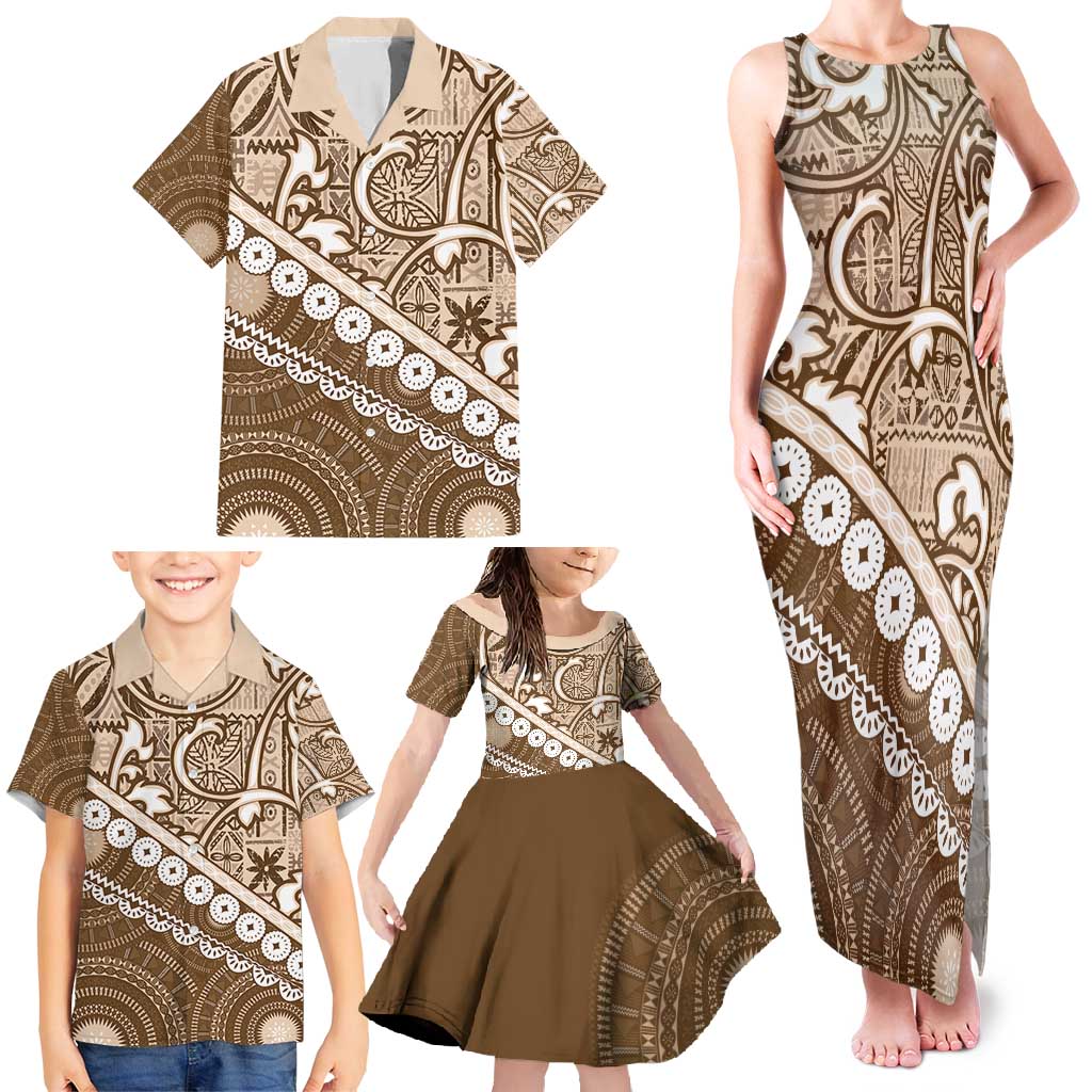 Beige Bula Fiji Family Matching Tank Maxi Dress and Hawaiian Shirt Fijian Language Week Tapa Cloth - Pastel LT14 - Polynesian Pride