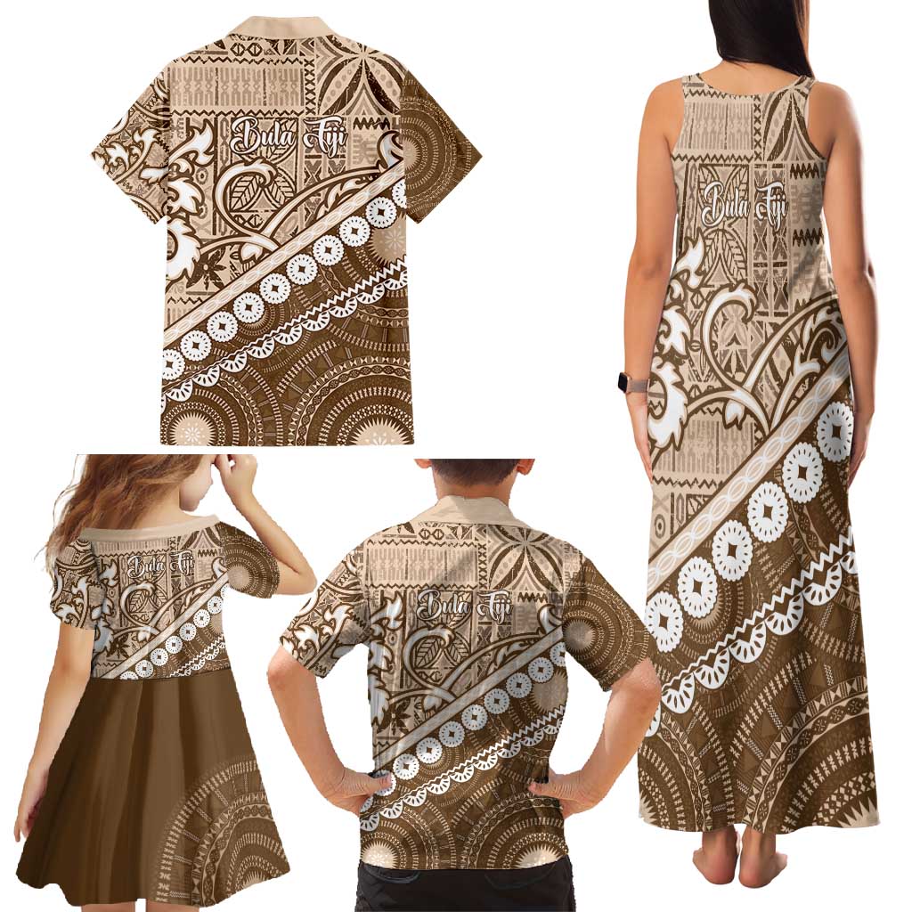 Beige Bula Fiji Family Matching Tank Maxi Dress and Hawaiian Shirt Fijian Language Week Tapa Cloth - Pastel LT14 - Polynesian Pride