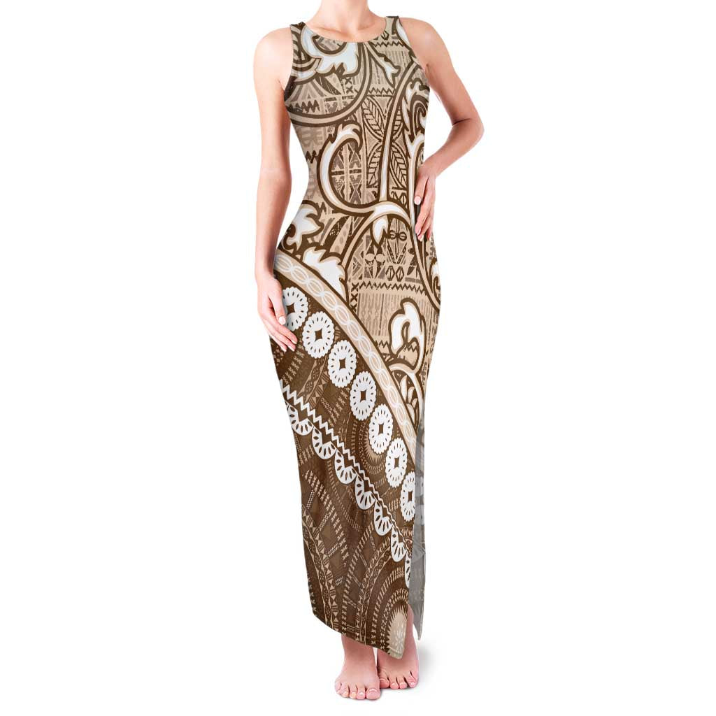 Beige Bula Fiji Family Matching Tank Maxi Dress and Hawaiian Shirt Fijian Language Week Tapa Cloth - Pastel LT14 Mom's Dress Beige - Polynesian Pride