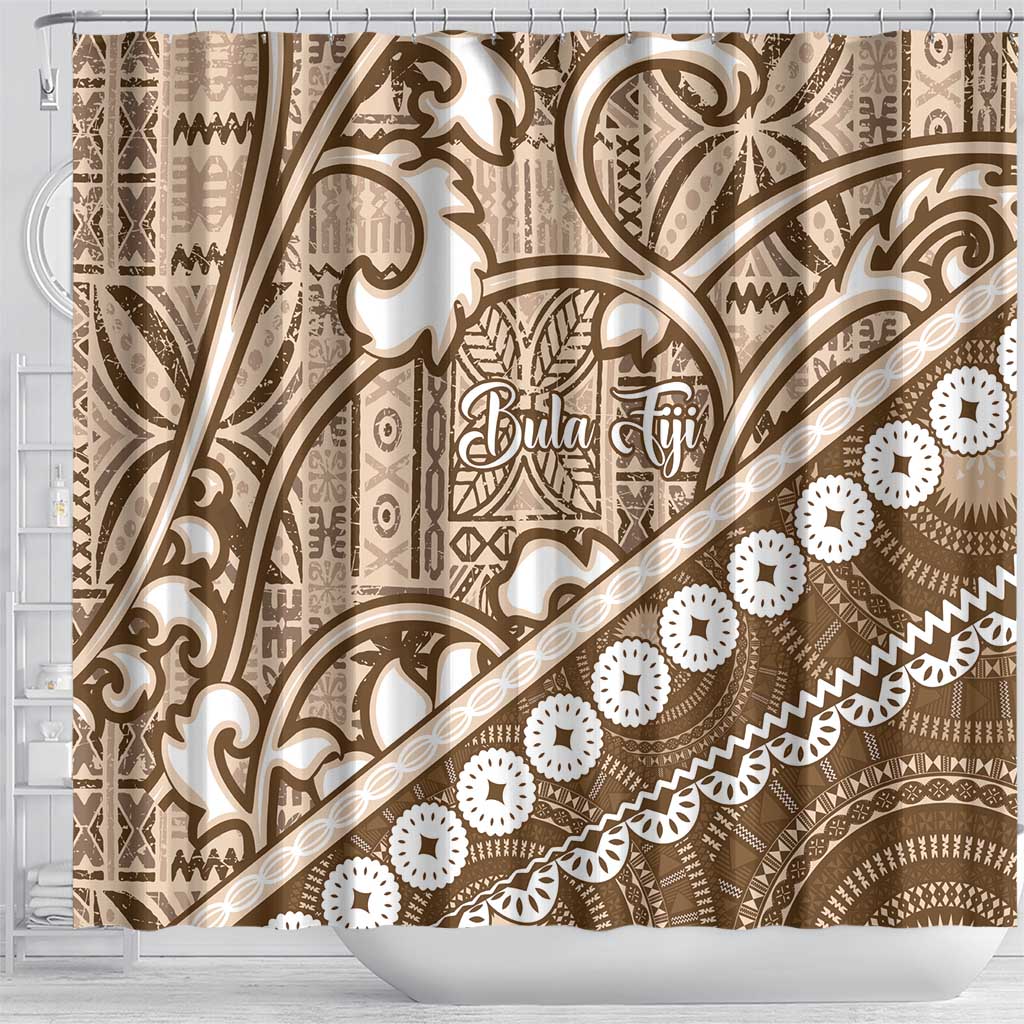 Beige Bula Fiji Shower Curtain Fijian Language Week Tapa Cloth - Pastel LT14 - Polynesian Pride