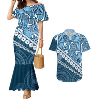 Blue Bula Fiji Couples Matching Mermaid Dress and Hawaiian Shirt Fijian Language Week Tapa Cloth - Pastel LT14 Blue - Polynesian Pride