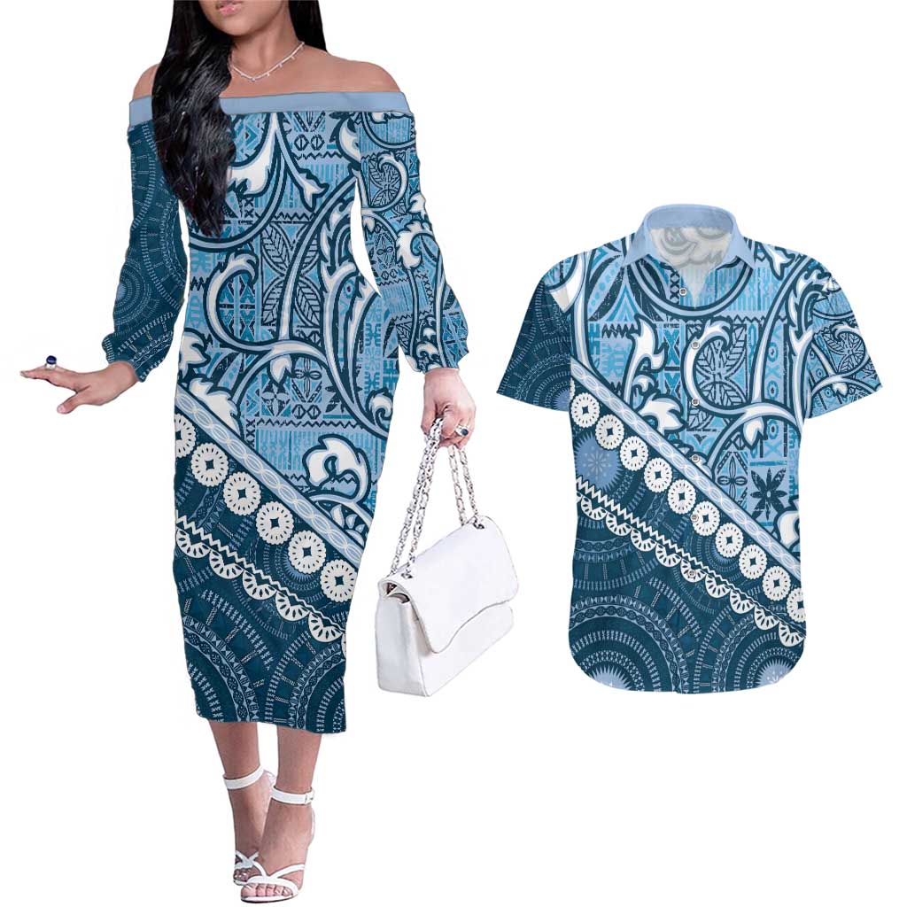 Blue Bula Fiji Couples Matching Off The Shoulder Long Sleeve Dress and Hawaiian Shirt Fijian Language Week Tapa Cloth - Pastel LT14 Blue - Polynesian Pride