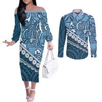 Blue Bula Fiji Couples Matching Off The Shoulder Long Sleeve Dress and Long Sleeve Button Shirt Fijian Language Week Tapa Cloth - Pastel LT14 Blue - Polynesian Pride
