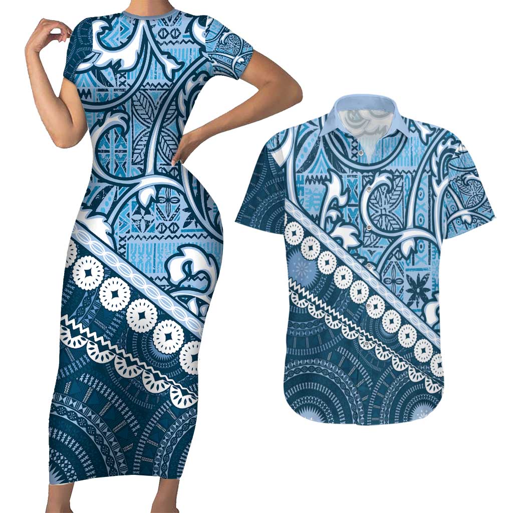 Blue Bula Fiji Couples Matching Short Sleeve Bodycon Dress and Hawaiian Shirt Fijian Language Week Tapa Cloth - Pastel LT14 Blue - Polynesian Pride