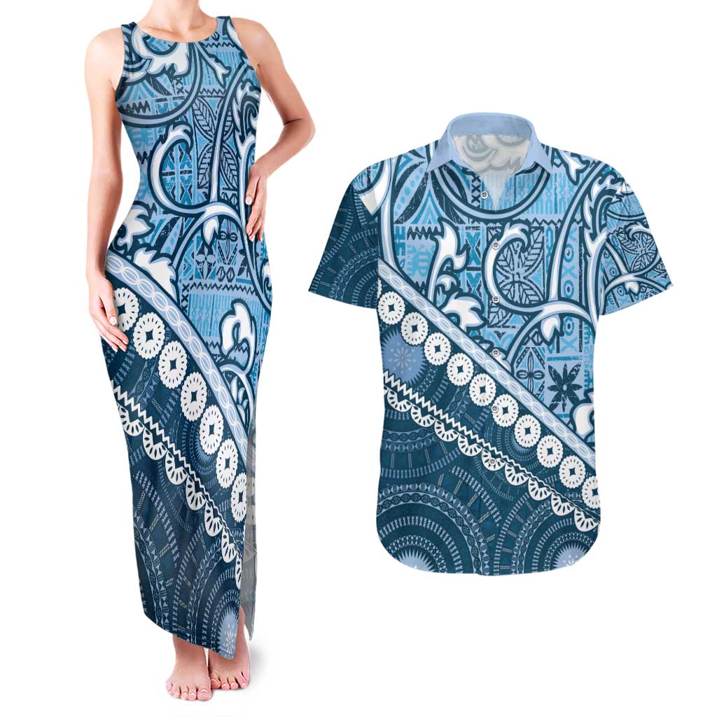 Blue Bula Fiji Couples Matching Tank Maxi Dress and Hawaiian Shirt Fijian Language Week Tapa Cloth - Pastel LT14 Blue - Polynesian Pride