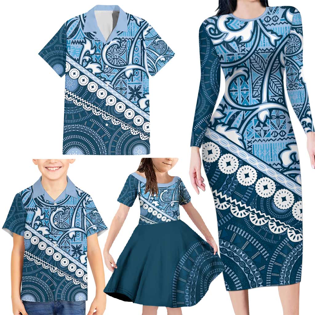 Blue Bula Fiji Family Matching Long Sleeve Bodycon Dress and Hawaiian Shirt Fijian Language Week Tapa Cloth - Pastel LT14 - Polynesian Pride