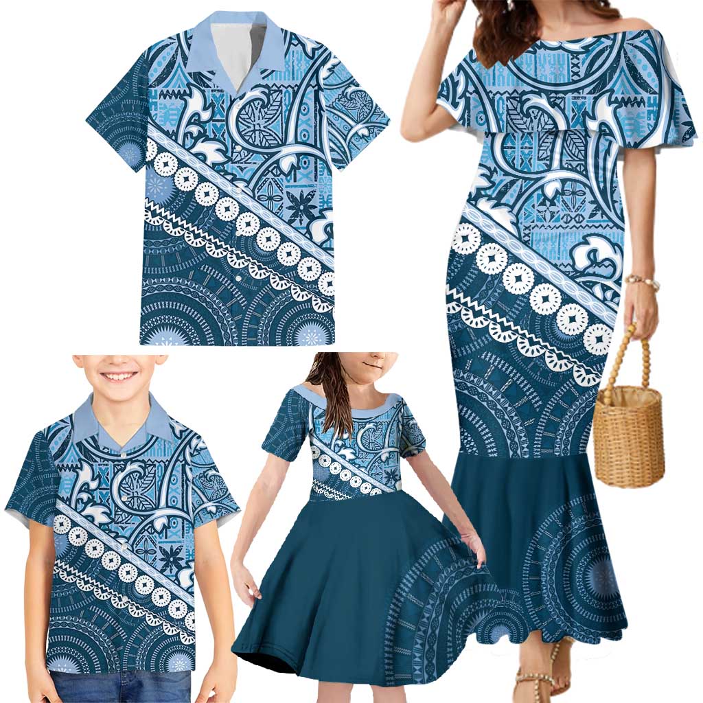 Blue Bula Fiji Family Matching Mermaid Dress and Hawaiian Shirt Fijian Language Week Tapa Cloth - Pastel LT14 - Polynesian Pride