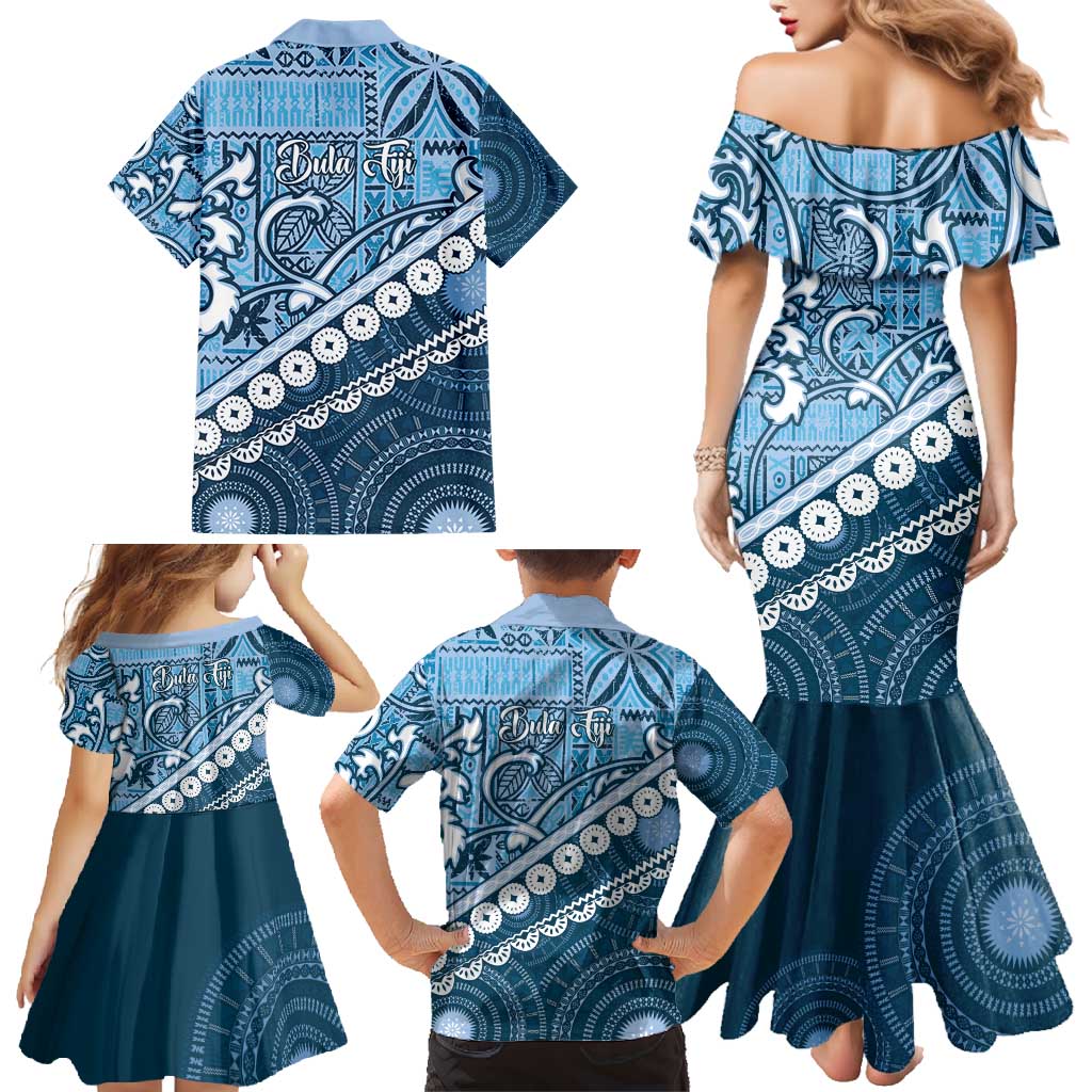 Blue Bula Fiji Family Matching Mermaid Dress and Hawaiian Shirt Fijian Language Week Tapa Cloth - Pastel LT14 - Polynesian Pride