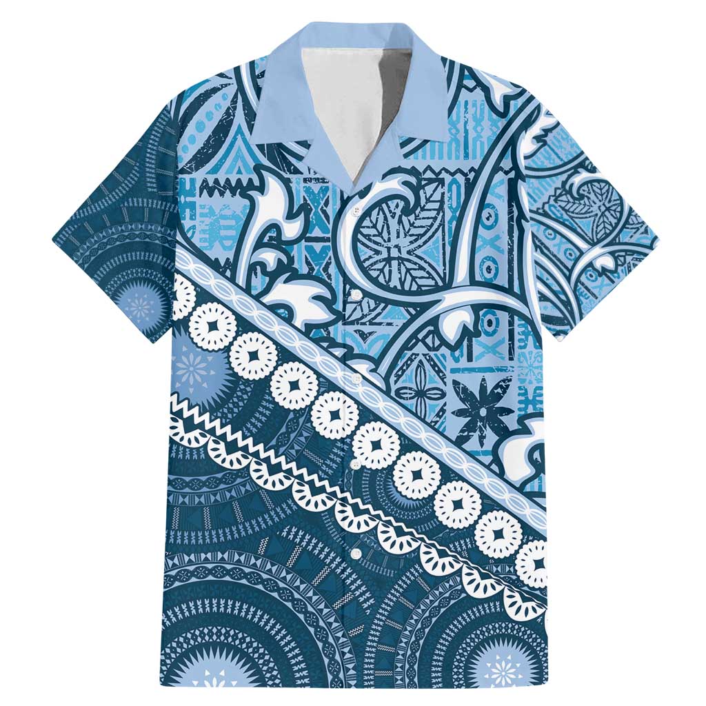Blue Bula Fiji Family Matching Mermaid Dress and Hawaiian Shirt Fijian Language Week Tapa Cloth - Pastel LT14 Dad's Shirt - Short Sleeve Blue - Polynesian Pride
