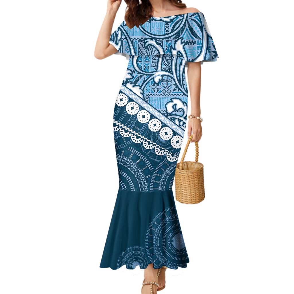 Blue Bula Fiji Family Matching Mermaid Dress and Hawaiian Shirt Fijian Language Week Tapa Cloth - Pastel LT14 Mom's Dress Blue - Polynesian Pride