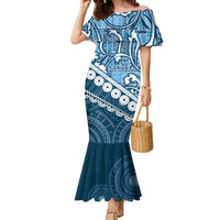 Blue Bula Fiji Family Matching Mermaid Dress and Hawaiian Shirt Fijian Language Week Tapa Cloth - Pastel LT14 Mom's Dress Blue - Polynesian Pride