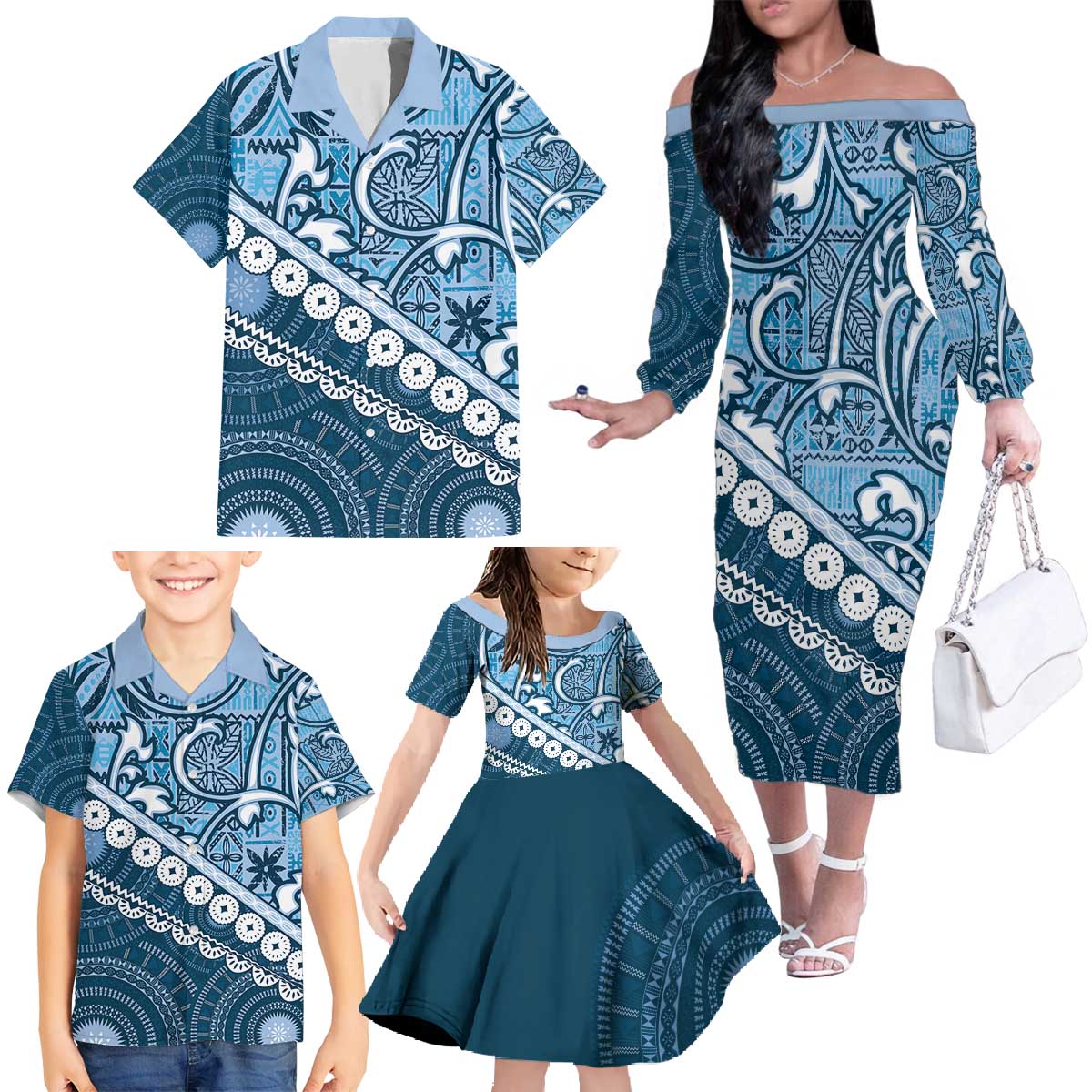 Blue Bula Fiji Family Matching Off The Shoulder Long Sleeve Dress and Hawaiian Shirt Fijian Language Week Tapa Cloth - Pastel LT14 - Polynesian Pride