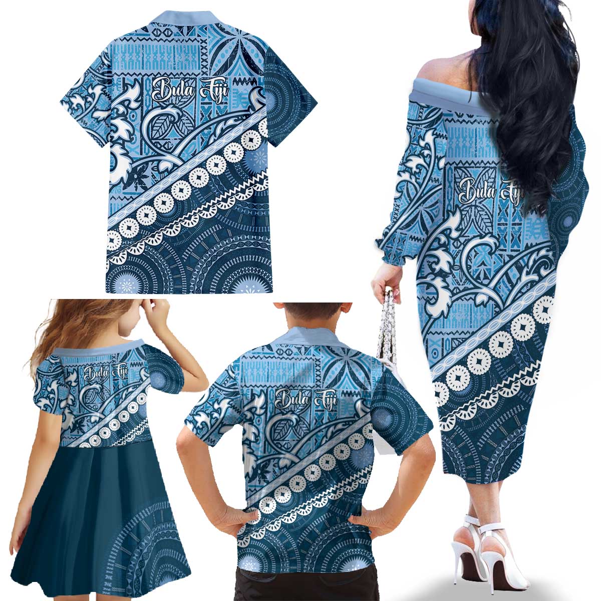 Blue Bula Fiji Family Matching Off The Shoulder Long Sleeve Dress and Hawaiian Shirt Fijian Language Week Tapa Cloth - Pastel LT14 - Polynesian Pride
