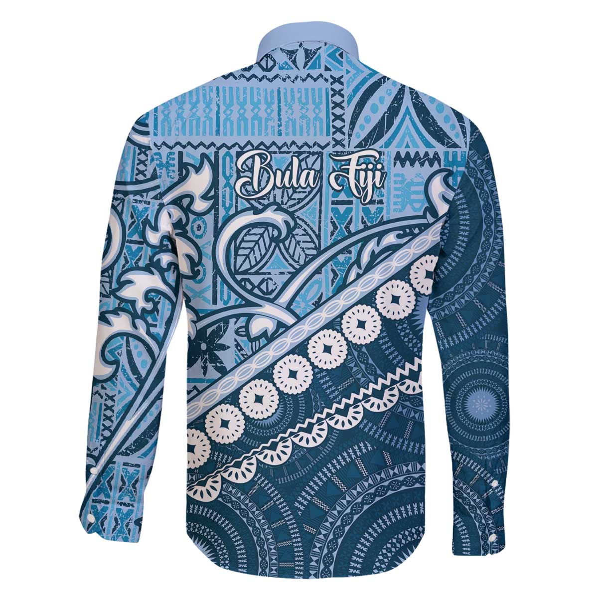 Blue Bula Fiji Family Matching Off The Shoulder Long Sleeve Dress and Hawaiian Shirt Fijian Language Week Tapa Cloth - Pastel LT14 - Polynesian Pride