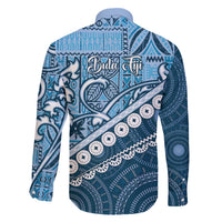 Blue Bula Fiji Family Matching Off The Shoulder Long Sleeve Dress and Hawaiian Shirt Fijian Language Week Tapa Cloth - Pastel LT14 - Polynesian Pride