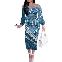 Blue Bula Fiji Family Matching Off The Shoulder Long Sleeve Dress and Hawaiian Shirt Fijian Language Week Tapa Cloth - Pastel LT14 Mom's Dress Blue - Polynesian Pride