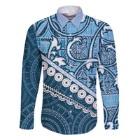 Blue Bula Fiji Family Matching Off Shoulder Maxi Dress and Hawaiian Shirt Fijian Language Week Tapa Cloth - Pastel LT14 Dad's Shirt - Long Sleeve Blue - Polynesian Pride