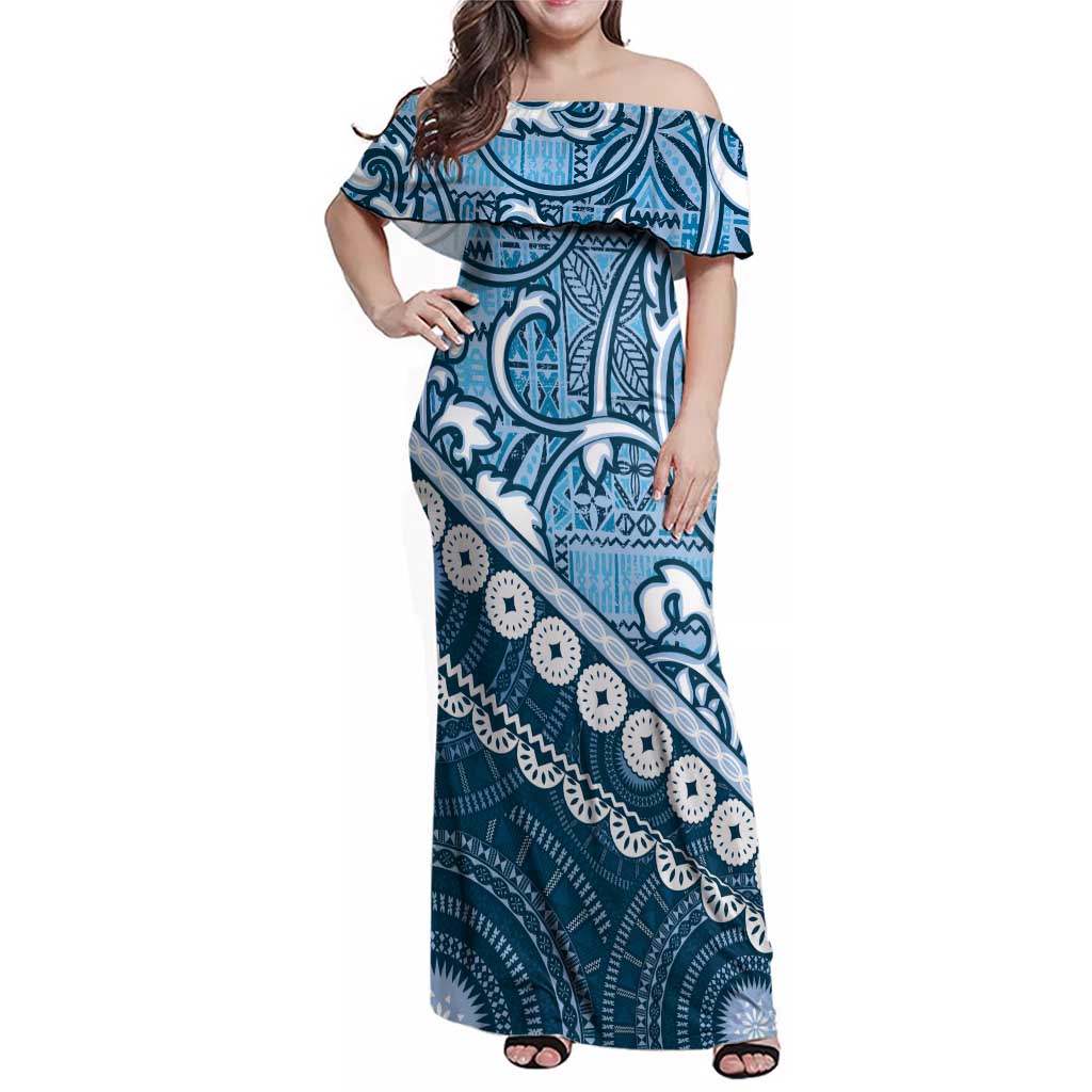 Blue Bula Fiji Family Matching Off Shoulder Maxi Dress and Hawaiian Shirt Fijian Language Week Tapa Cloth - Pastel LT14 Mom's Dress Blue - Polynesian Pride