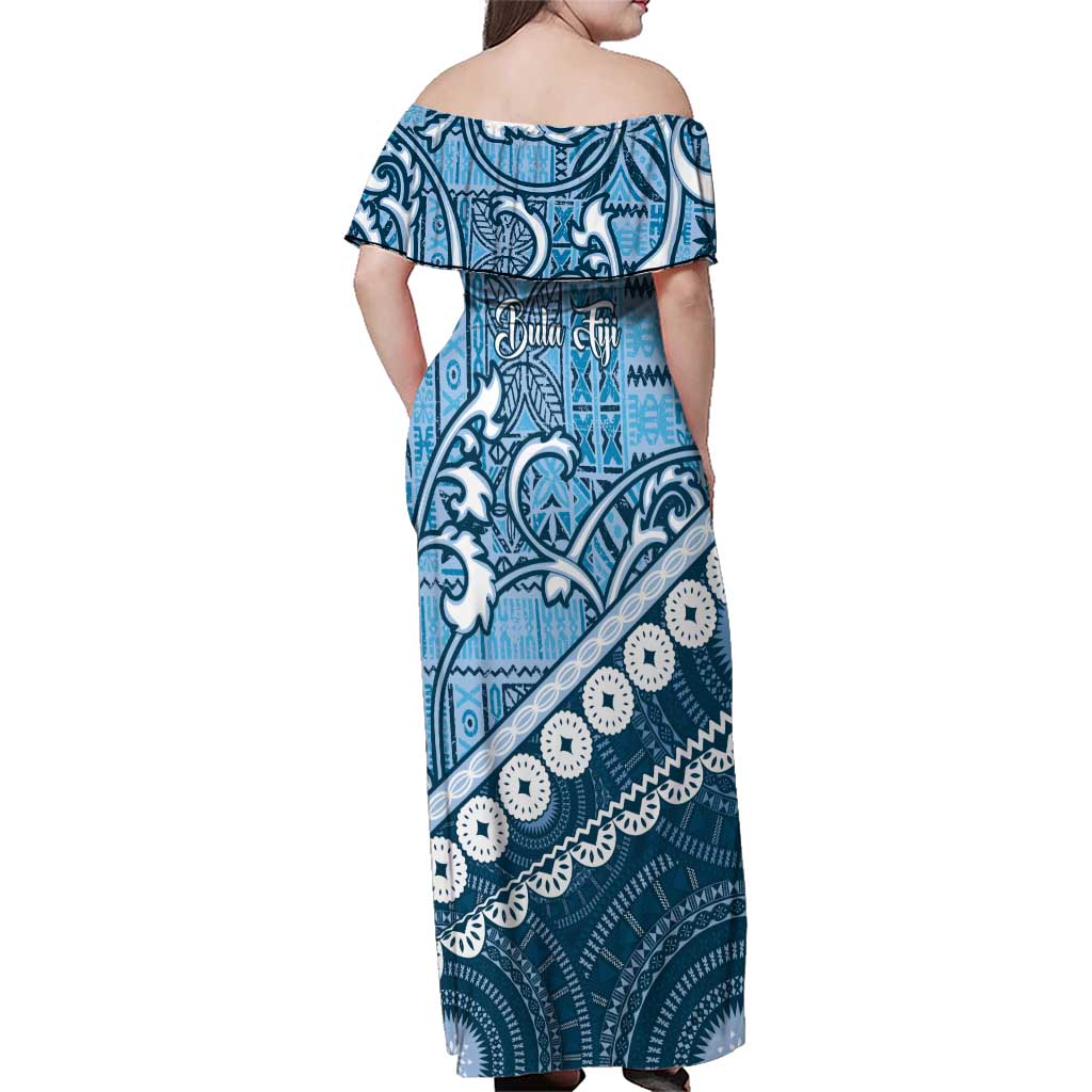 Blue Bula Fiji Family Matching Off Shoulder Maxi Dress and Hawaiian Shirt Fijian Language Week Tapa Cloth - Pastel LT14 - Polynesian Pride