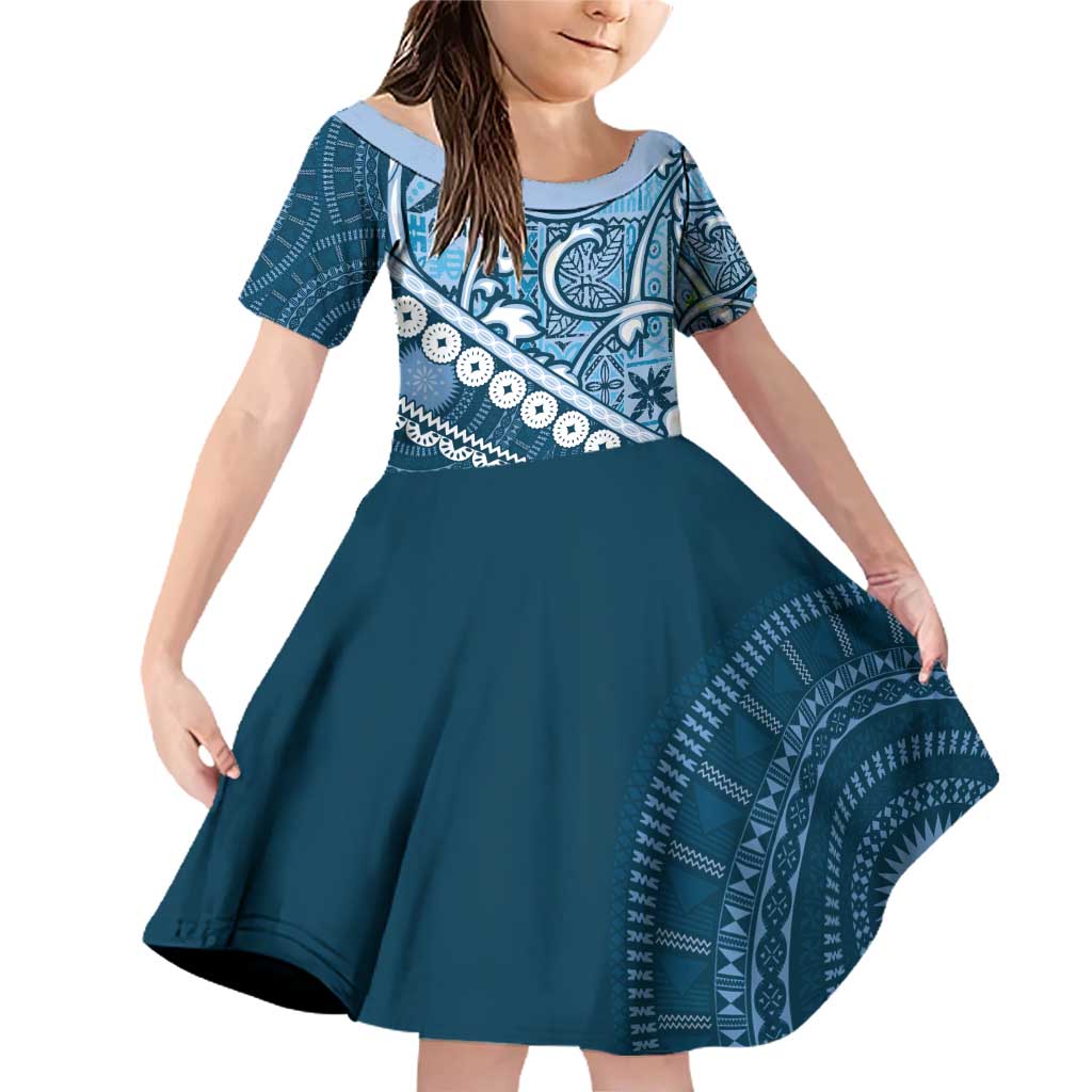 Blue Bula Fiji Family Matching Off Shoulder Short Dress and Hawaiian Shirt Fijian Language Week Tapa Cloth - Pastel LT14 Daughter's Dress Blue - Polynesian Pride
