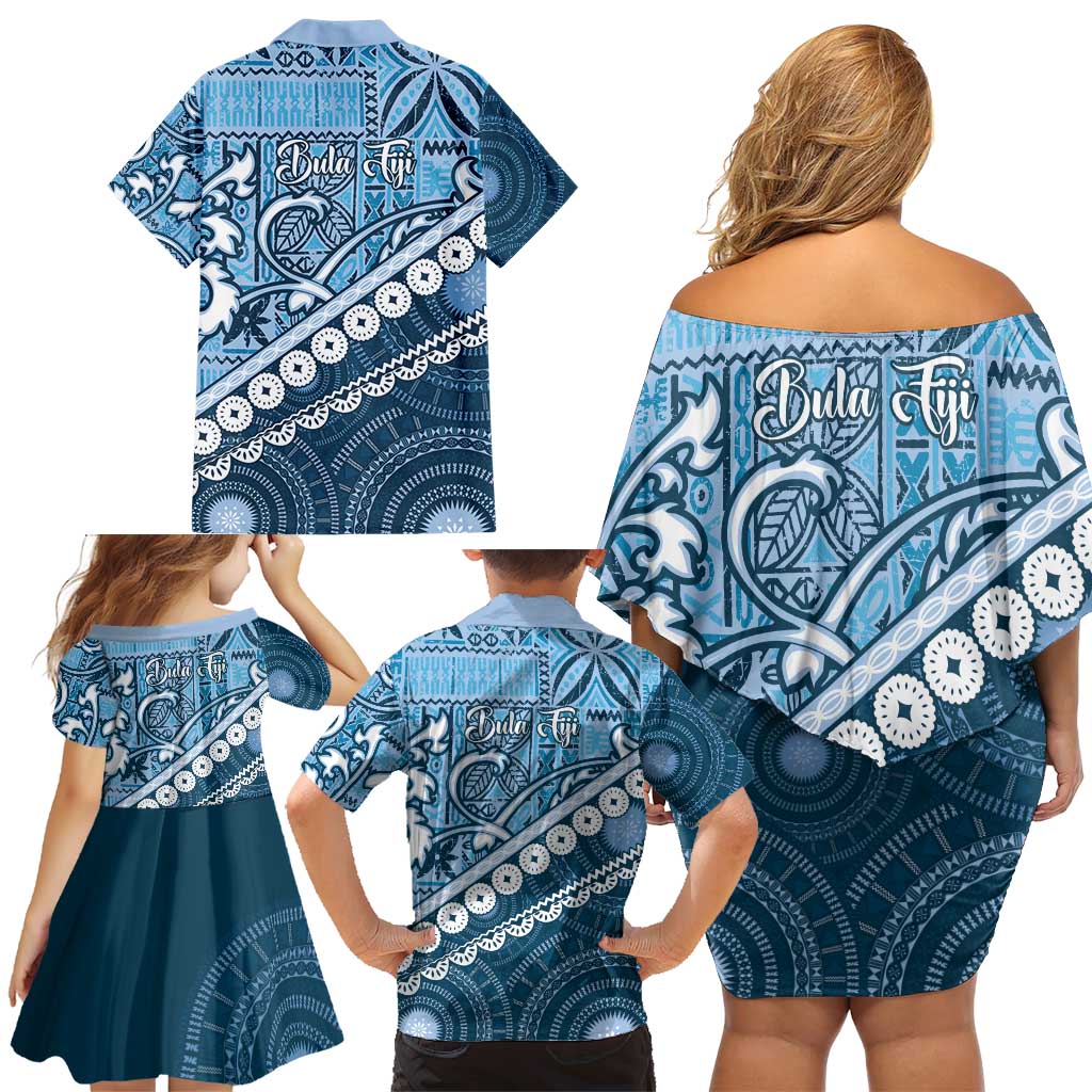 Blue Bula Fiji Family Matching Off Shoulder Short Dress and Hawaiian Shirt Fijian Language Week Tapa Cloth - Pastel LT14 - Polynesian Pride