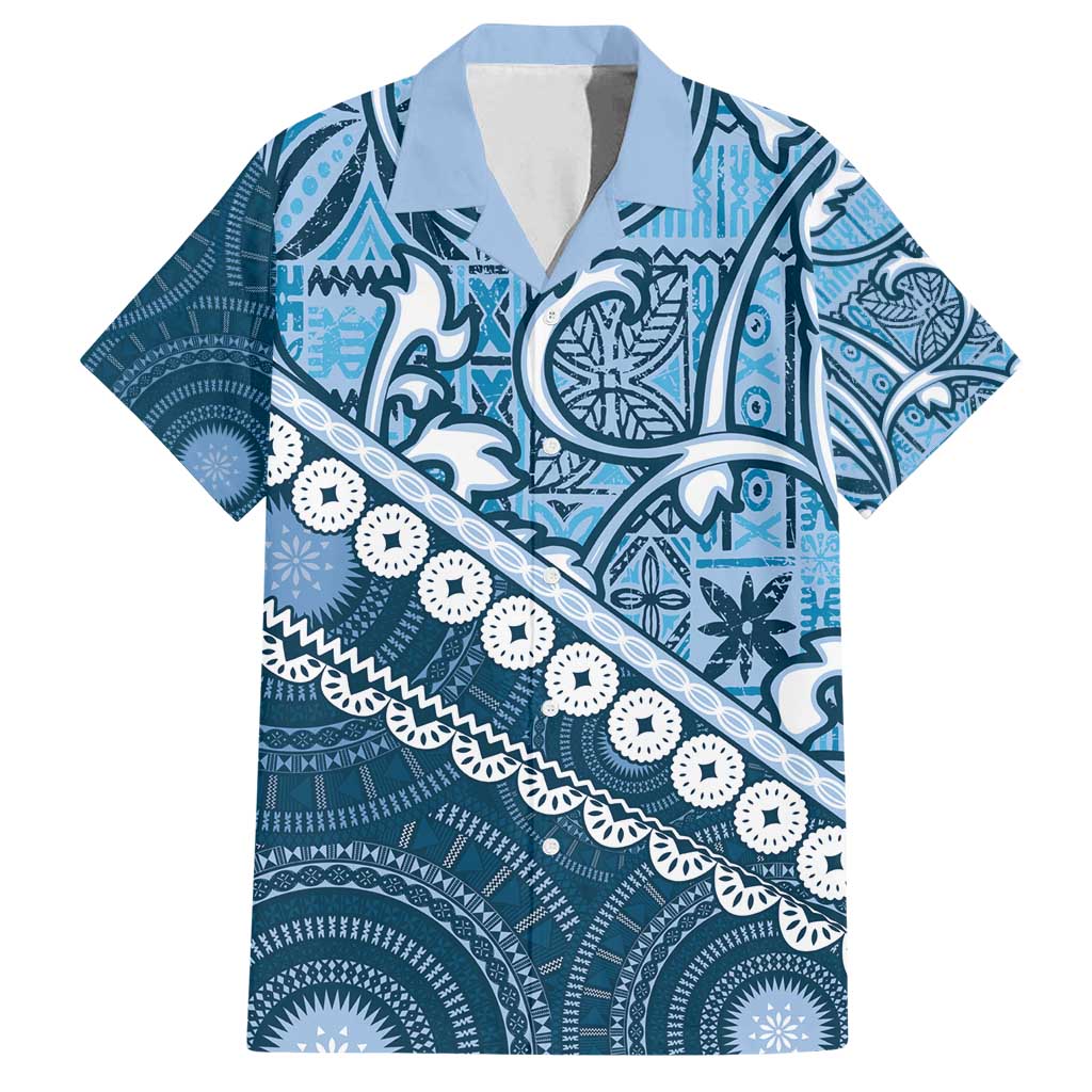Blue Bula Fiji Family Matching Off Shoulder Short Dress and Hawaiian Shirt Fijian Language Week Tapa Cloth - Pastel LT14 Dad's Shirt - Short Sleeve Blue - Polynesian Pride
