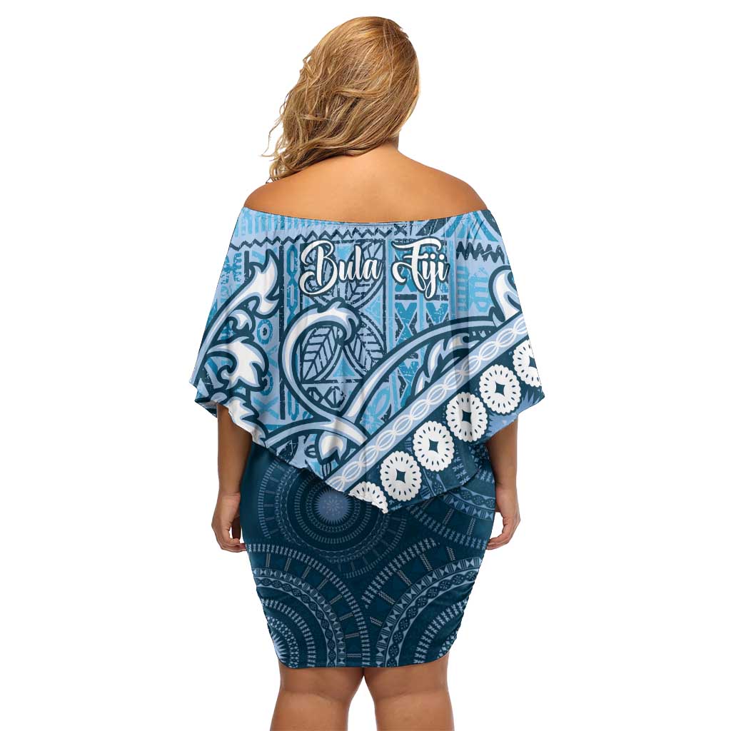 Blue Bula Fiji Family Matching Off Shoulder Short Dress and Hawaiian Shirt Fijian Language Week Tapa Cloth - Pastel LT14 - Polynesian Pride