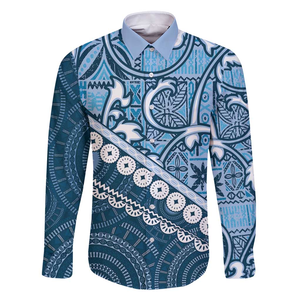 Blue Bula Fiji Family Matching Puletasi and Hawaiian Shirt Fijian Language Week Tapa Cloth - Pastel LT14 Dad's Shirt - Long Sleeve Blue - Polynesian Pride