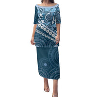 Blue Bula Fiji Family Matching Puletasi and Hawaiian Shirt Fijian Language Week Tapa Cloth - Pastel LT14 Mom's Dress Blue - Polynesian Pride