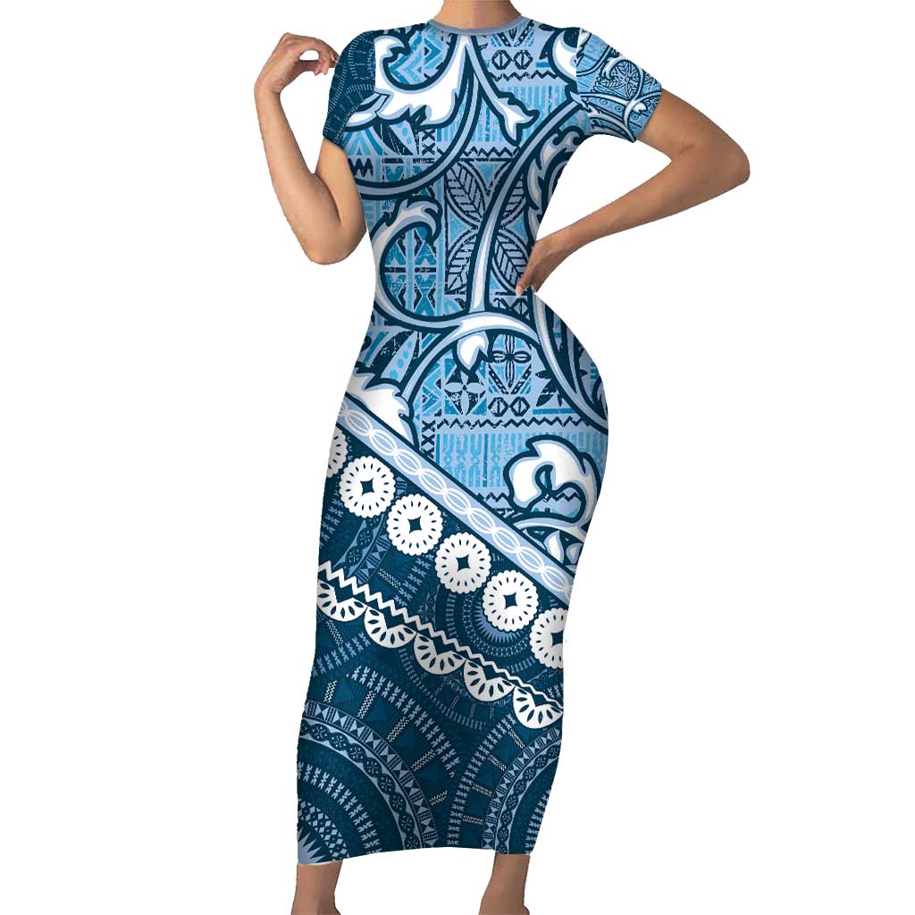 Blue Bula Fiji Family Matching Short Sleeve Bodycon Dress and Hawaiian Shirt Fijian Language Week Tapa Cloth - Pastel LT14 Mom's Dress Blue - Polynesian Pride